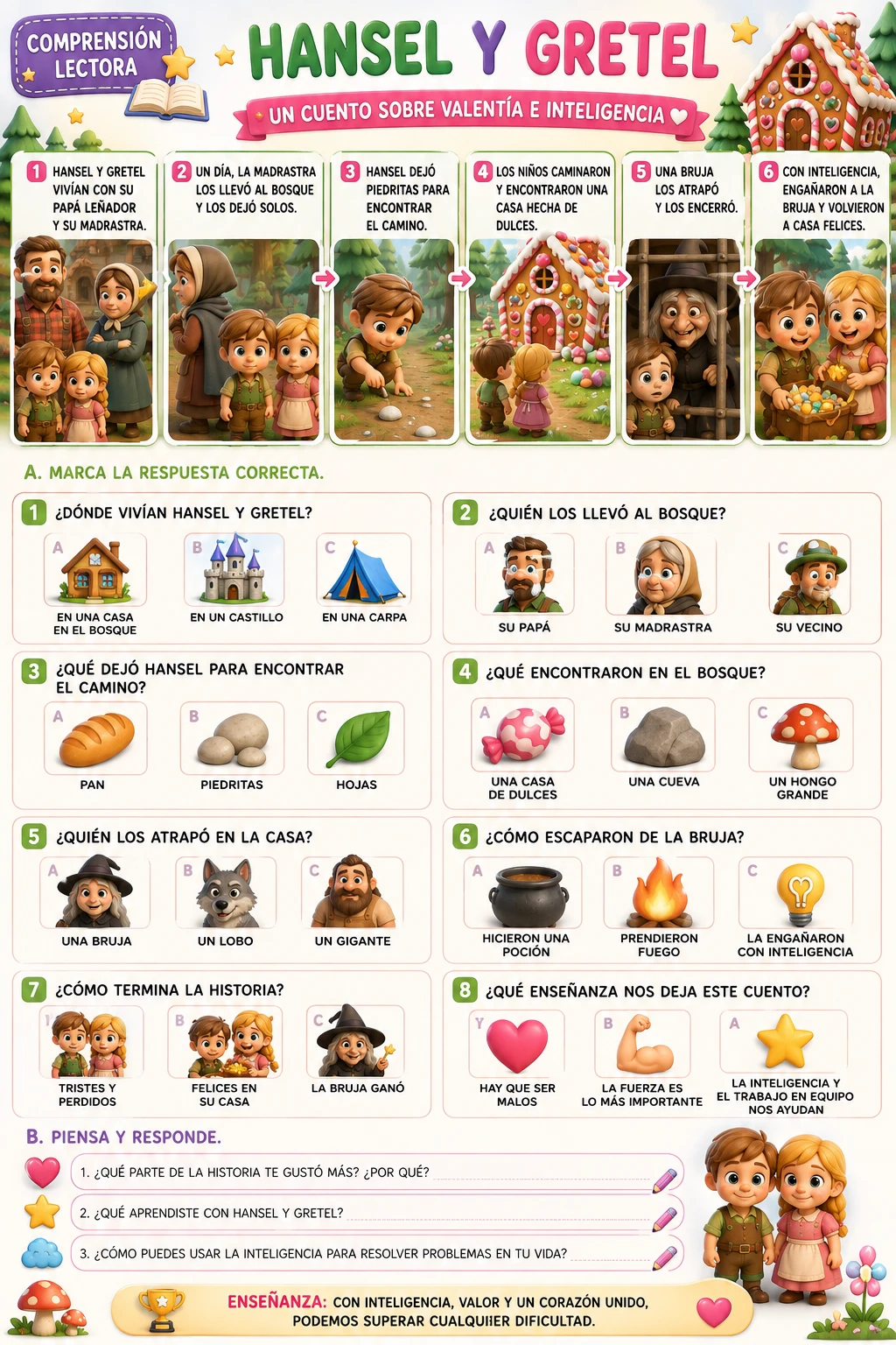 Folha de leitura de João e Maria com pictogramas para crianças