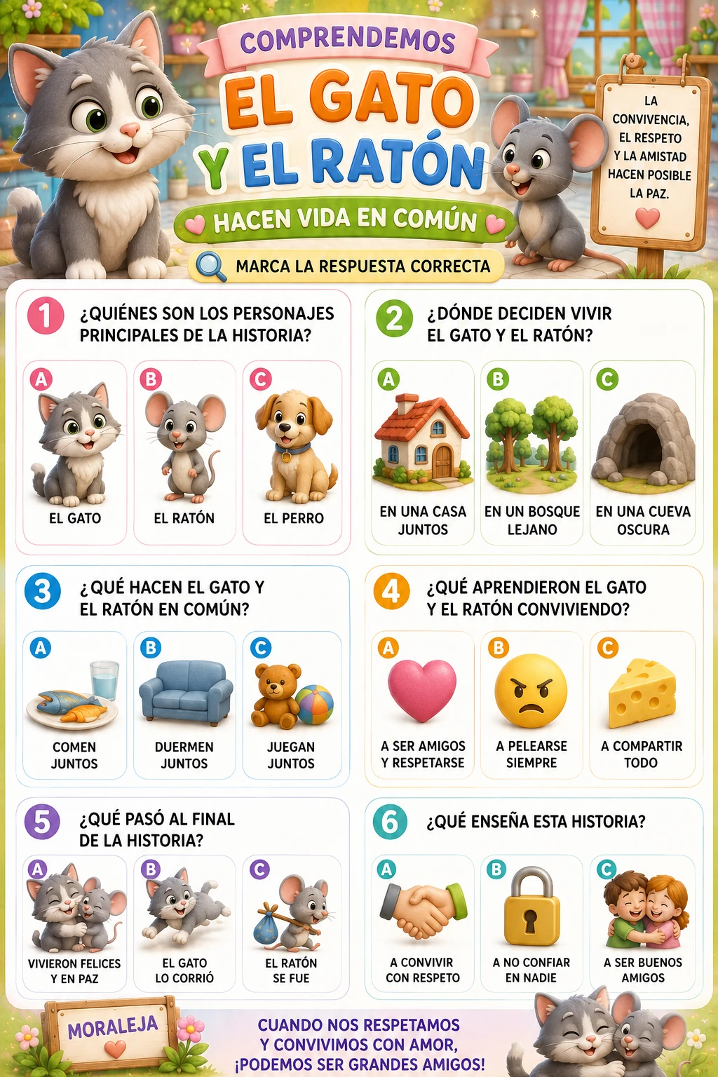 Ficha de compreensão de leitura com história de gato e rato