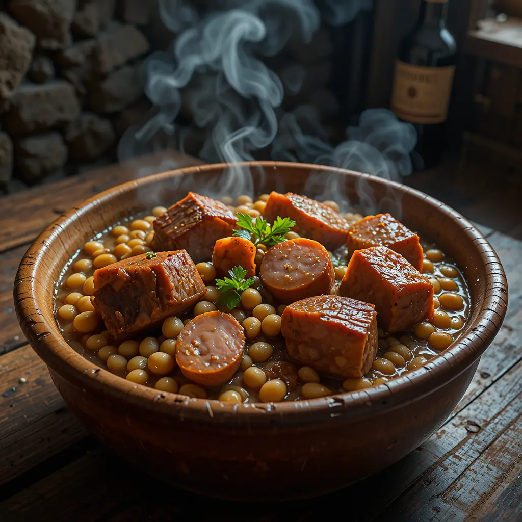 Rustic cassoulet in a steaming earthenware bowl on wood