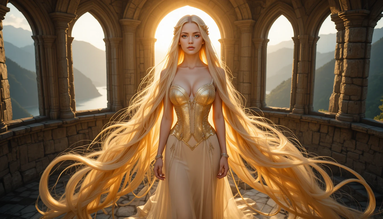 Princesa de cabello dorado en el balcón del castillo al atardecer