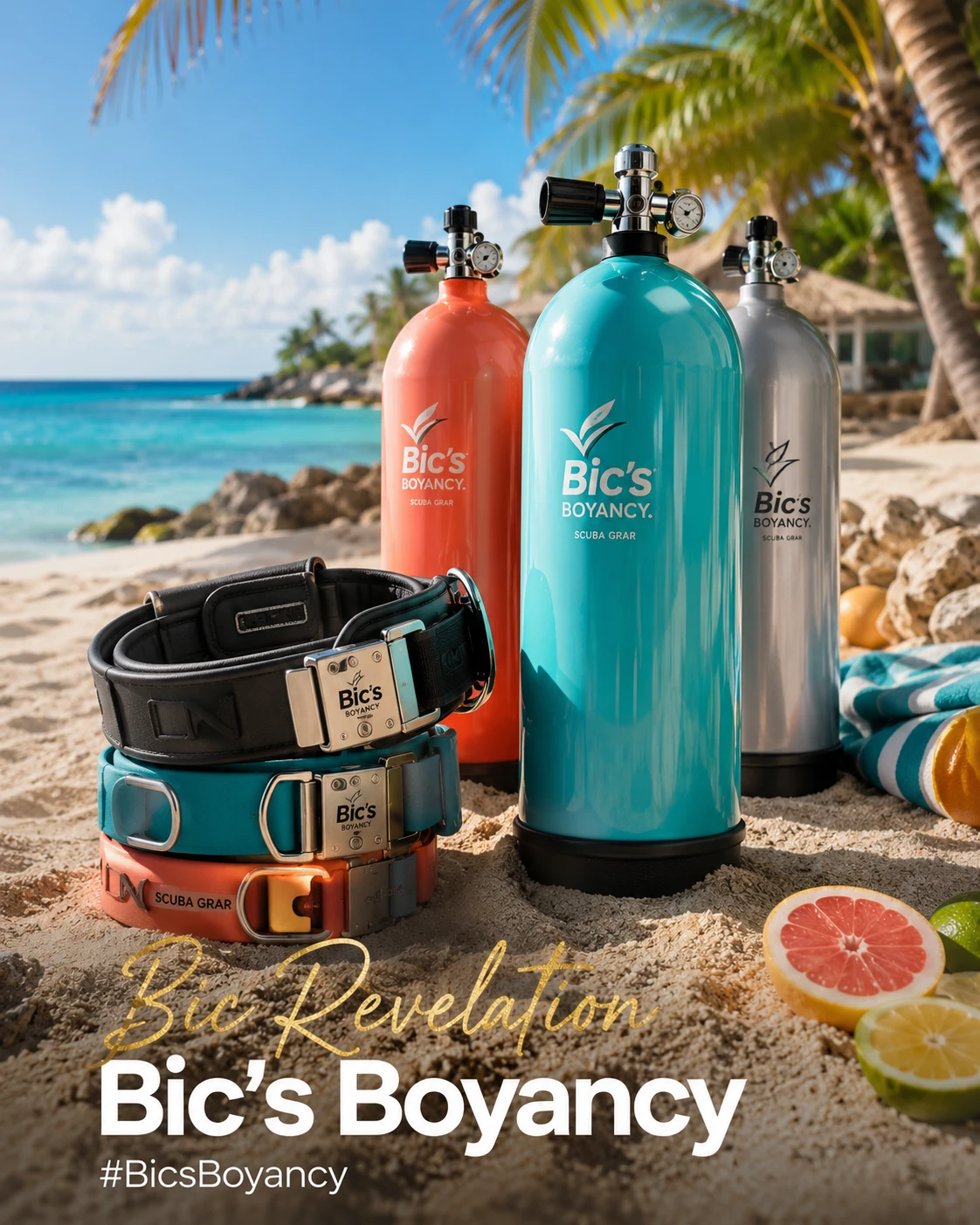 Summer scuba gear product shot on a bright tropical beach