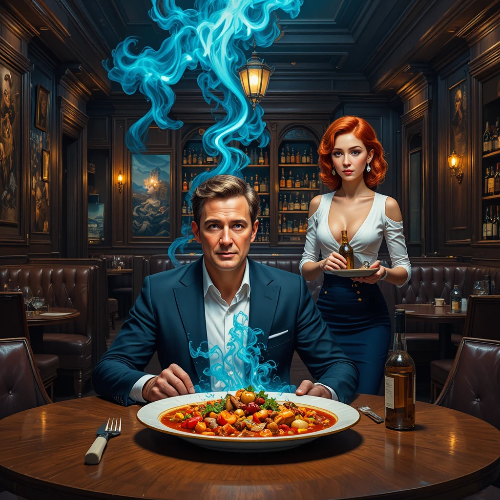 Man dining in vintage restaurant with mysterious blue mist