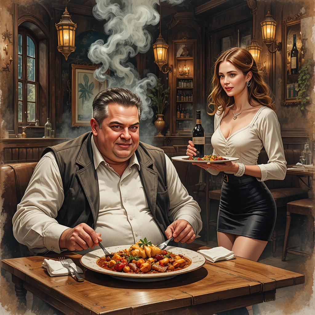Middle aged man enjoying cassoulet in rustic bistro