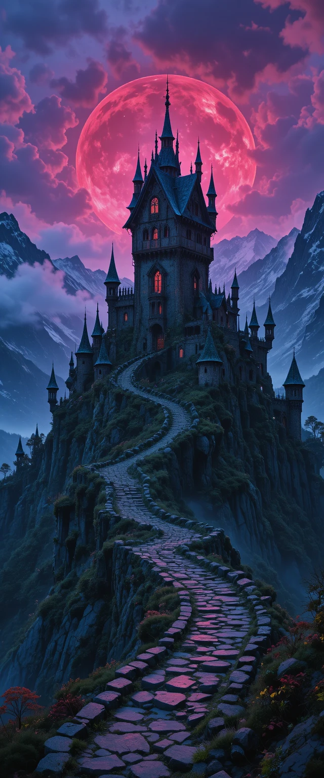 Castelo assombrado na montanha ao nascer do sol em paisagem de inverno sombria