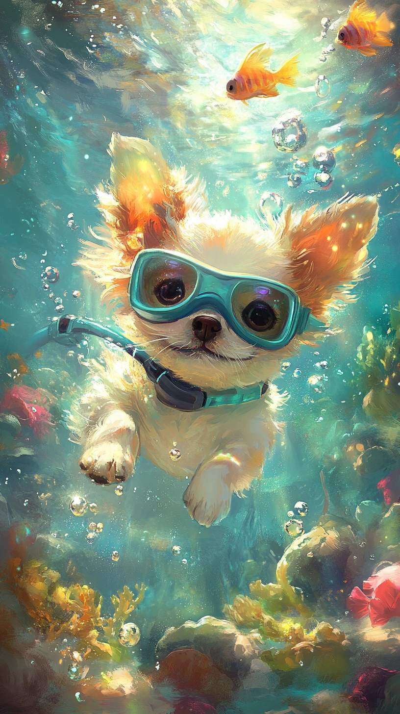 Chiot enjoué avec tuba dans un monde sous-marin coloré