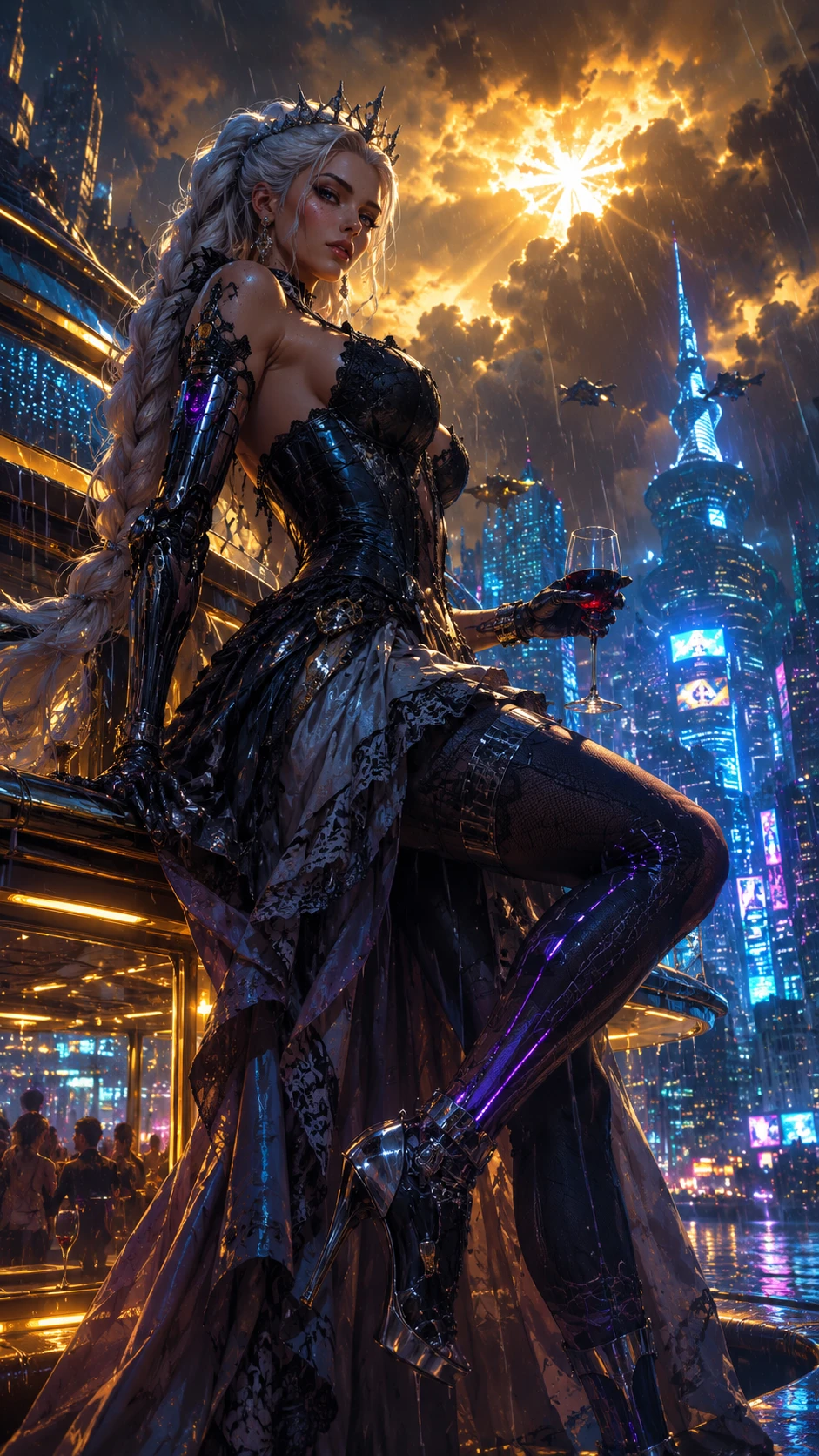 Rainha cyberpunk colossal sobre uma cidade futurista chuvosa