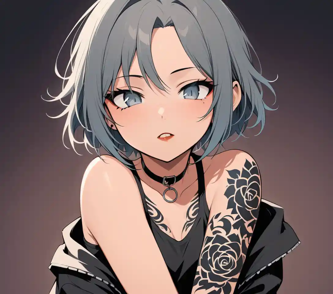 Femme emo tatouée aux yeux gris et aux cheveux courts