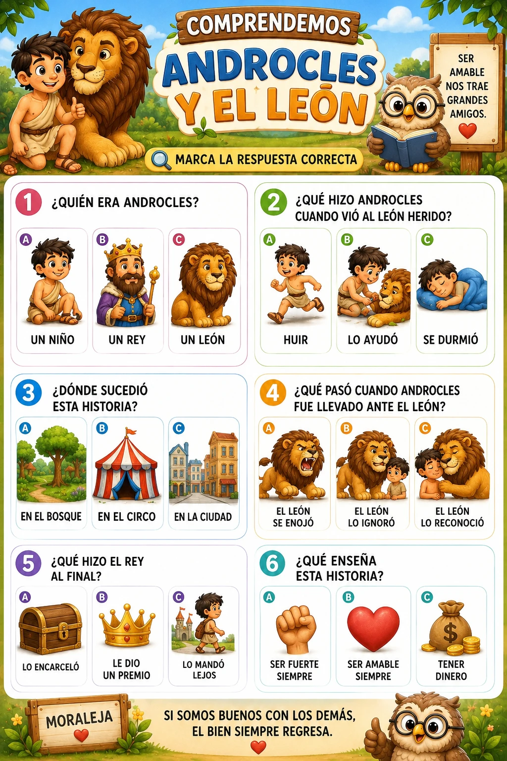 Reading comprehension worksheet for Androcles and the lion story