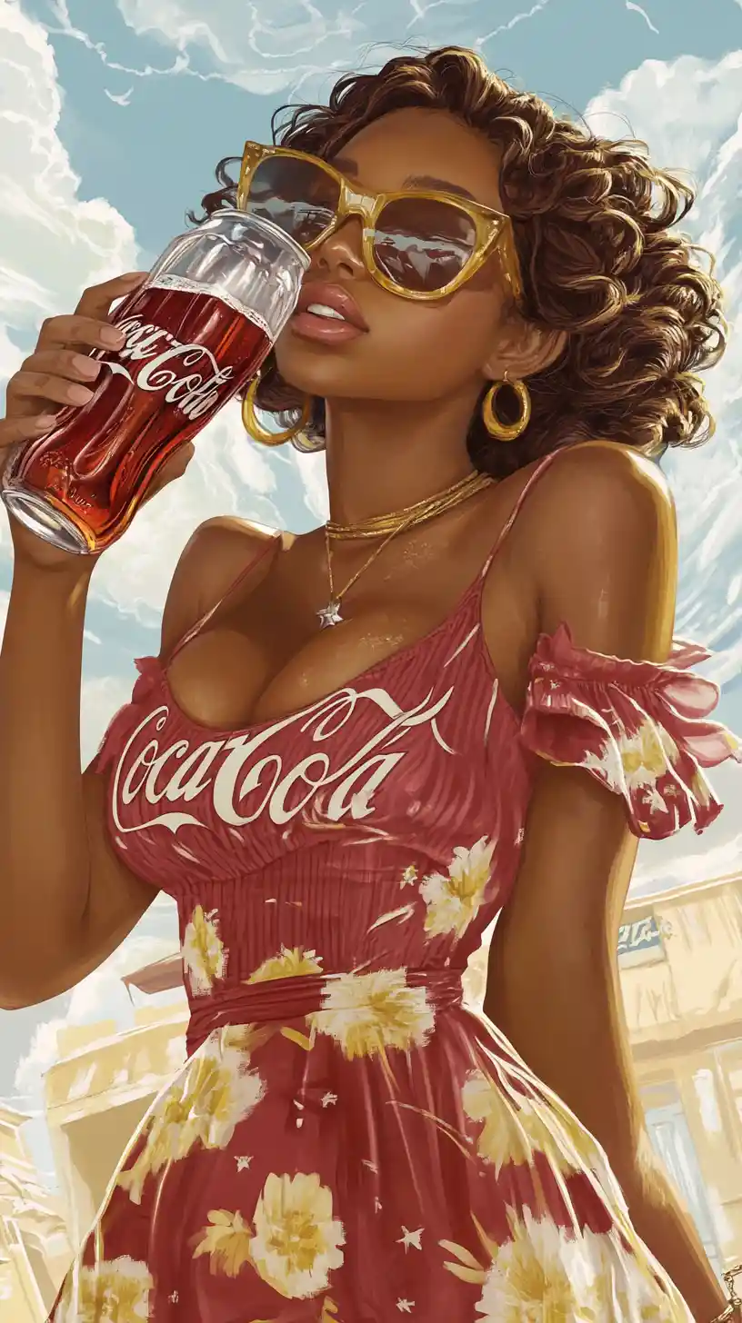 Ilustração de jovem mulher com vestido dos anos 2000 bebendo Coca-Cola