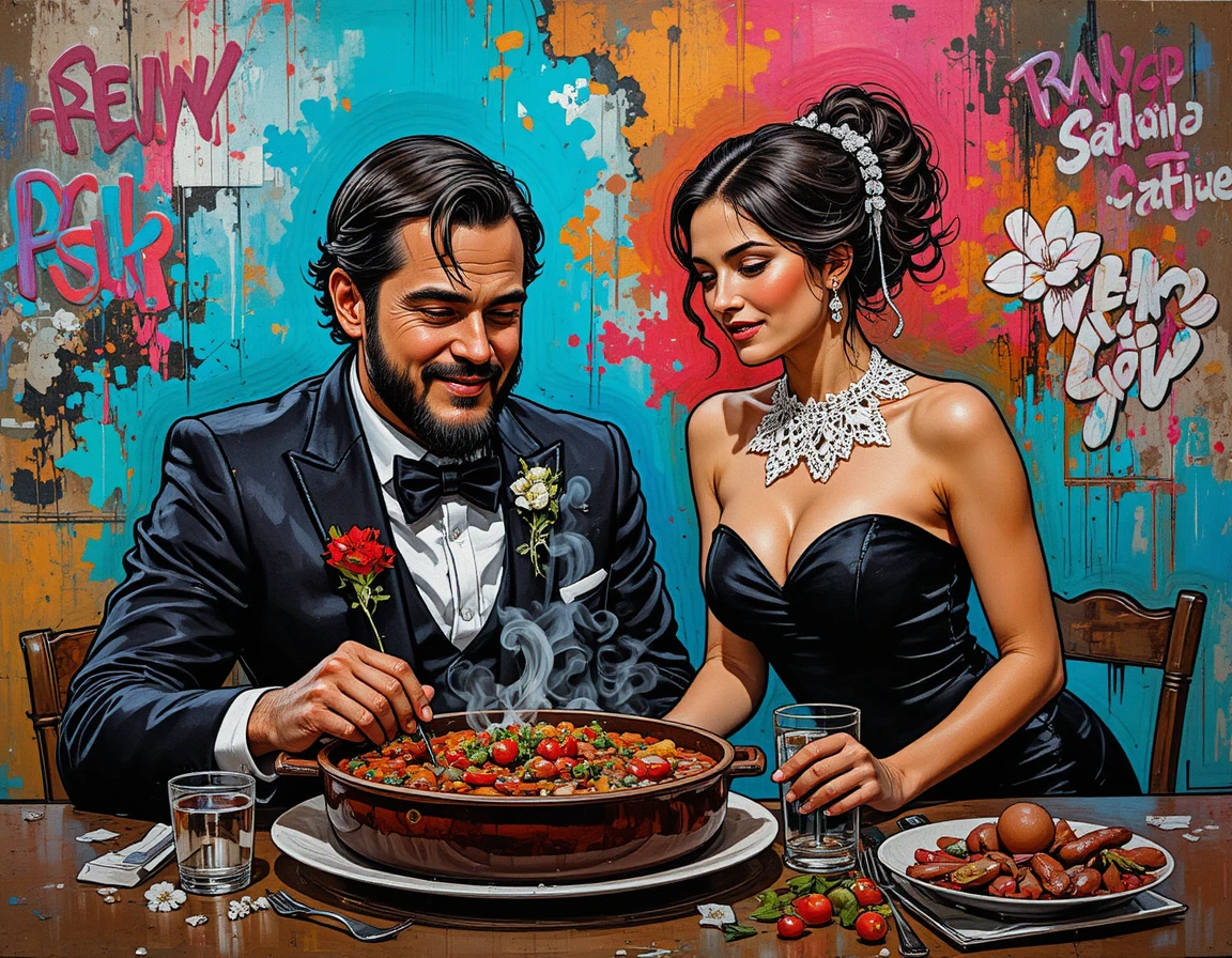 Sensual waitress standing by diner eating cassoulet dish