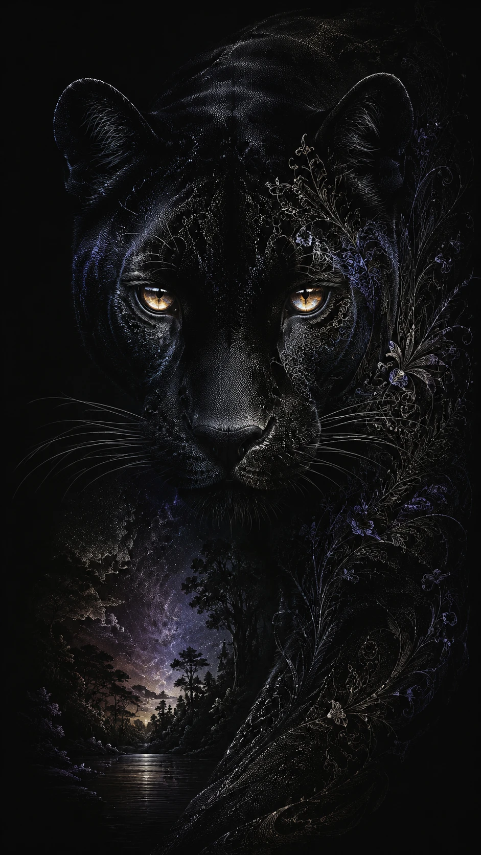 Rostro de pantera negra emergiendo de la oscuridad con ojos ámbar brillantes