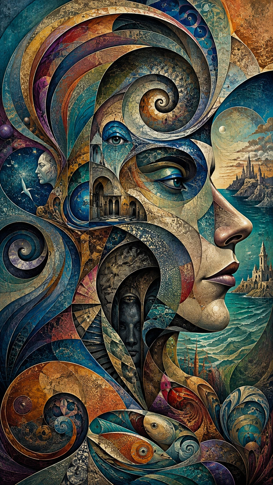 Perfil feminino surreal unindo escultura, paisagem e criatura
