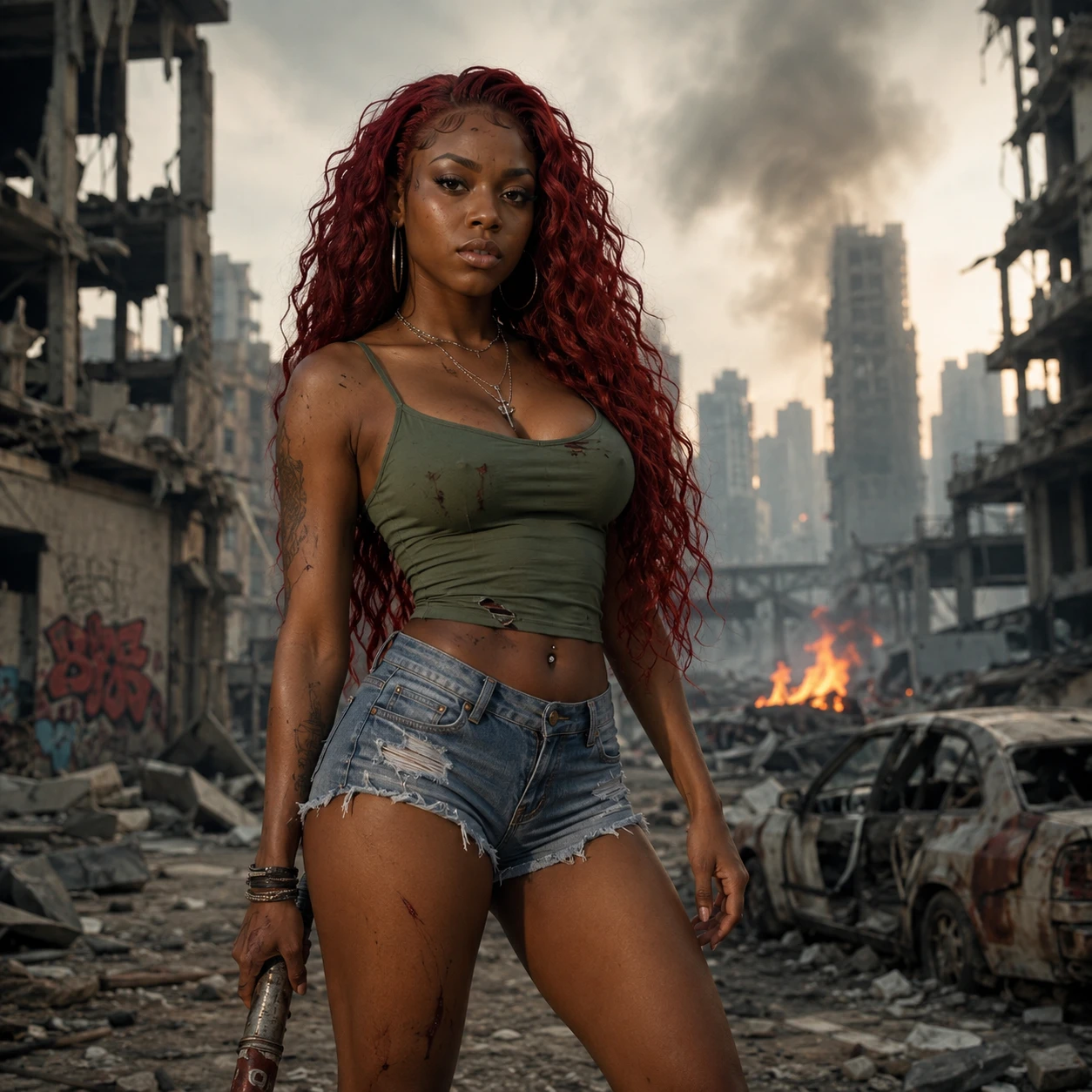 Black woman in green top standing in ruined city