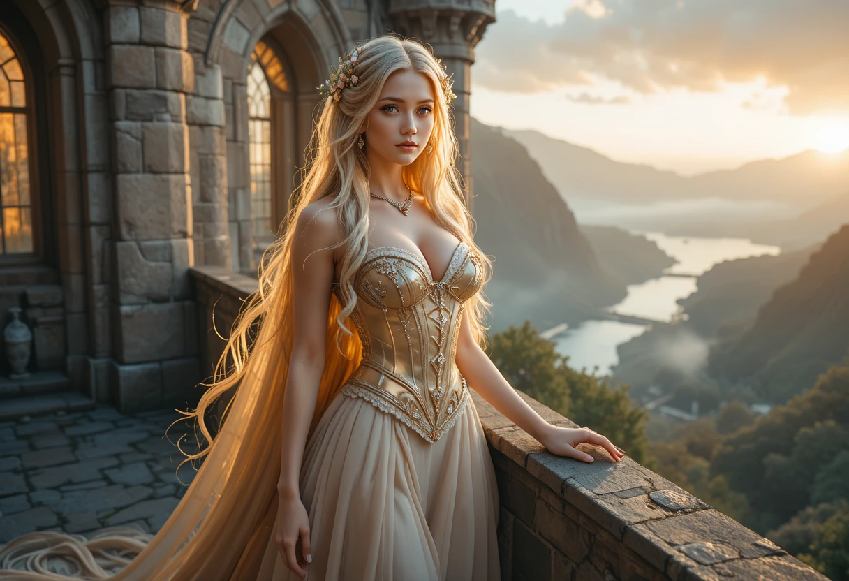 Goldhaarige Prinzessin auf einem Schlossbalkon bei Sonnenuntergang