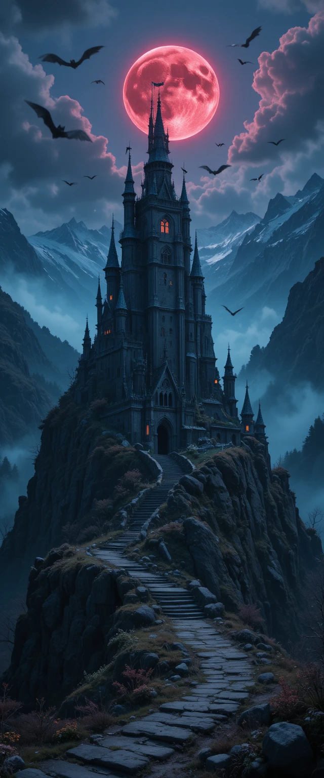Castelo de Montanha Abandonado sob o Céu Vermelho de Lua Cheia