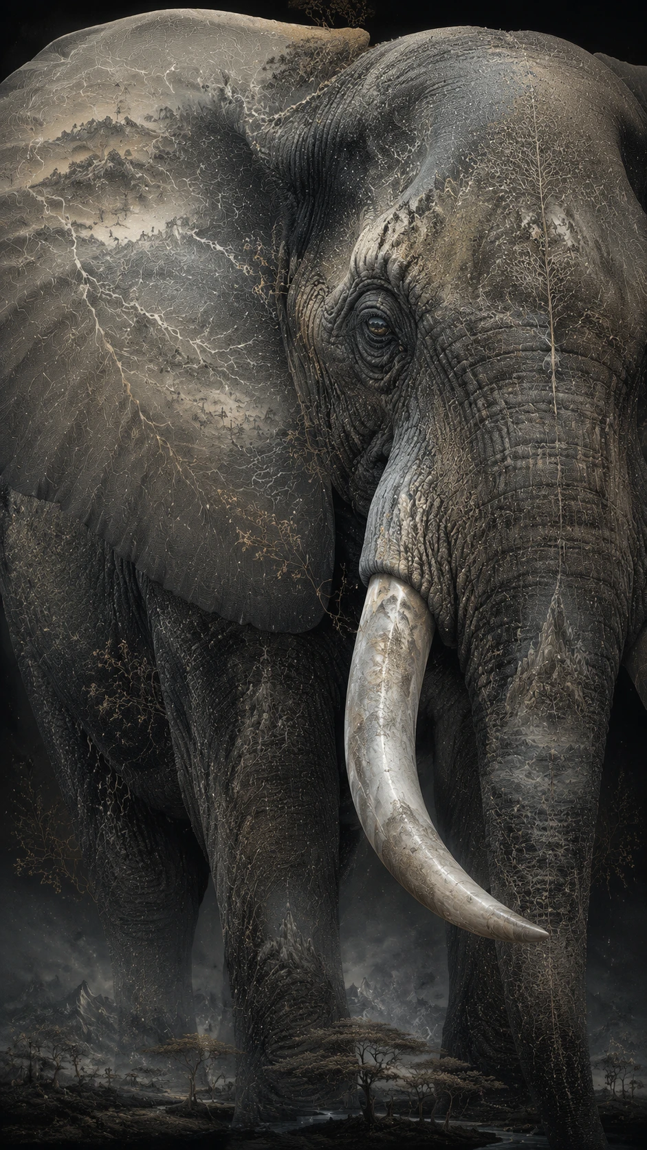 Retrato surreal de um elefante-africano com pele em forma de mapa