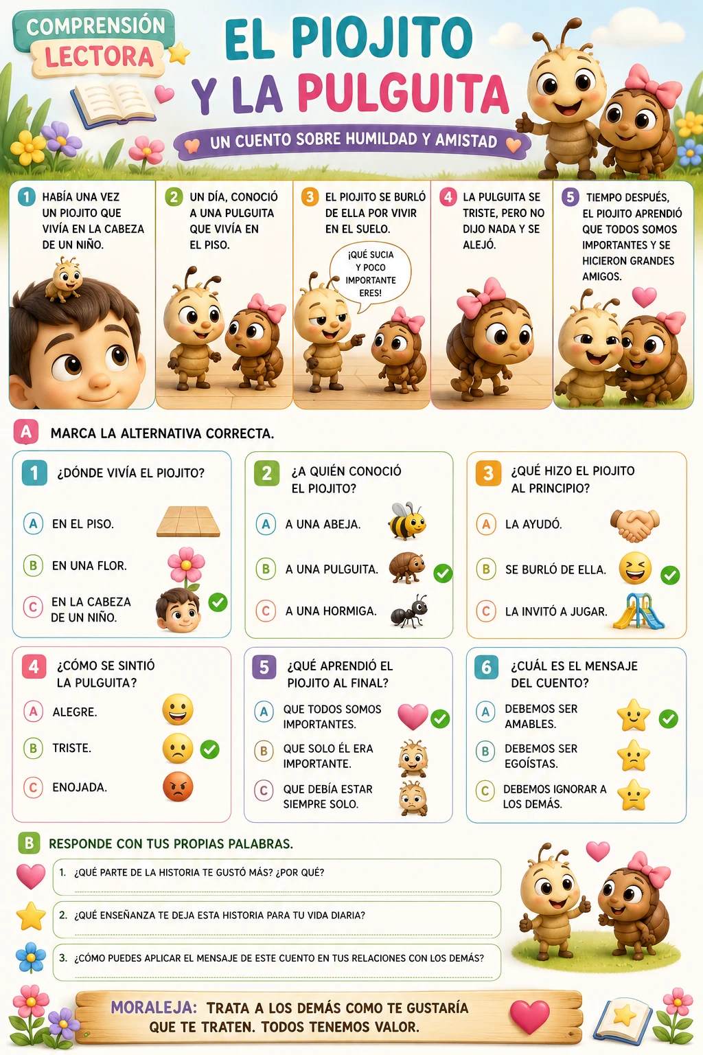 Reading comprehension worksheet with pictograms for young children