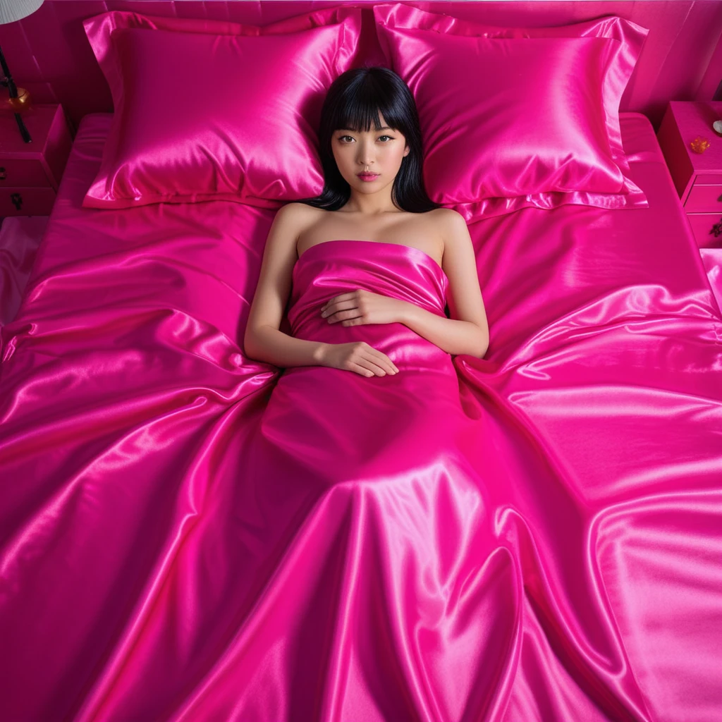 Femme japonaise allongée sur des draps en satin rose vif