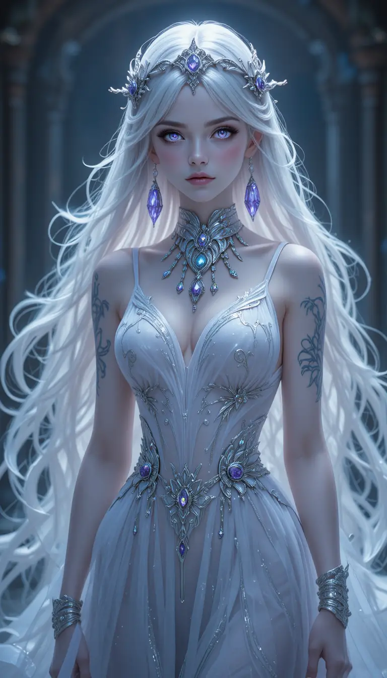 Fille fantôme d’anime éthérée aux cheveux argentés et cristaux