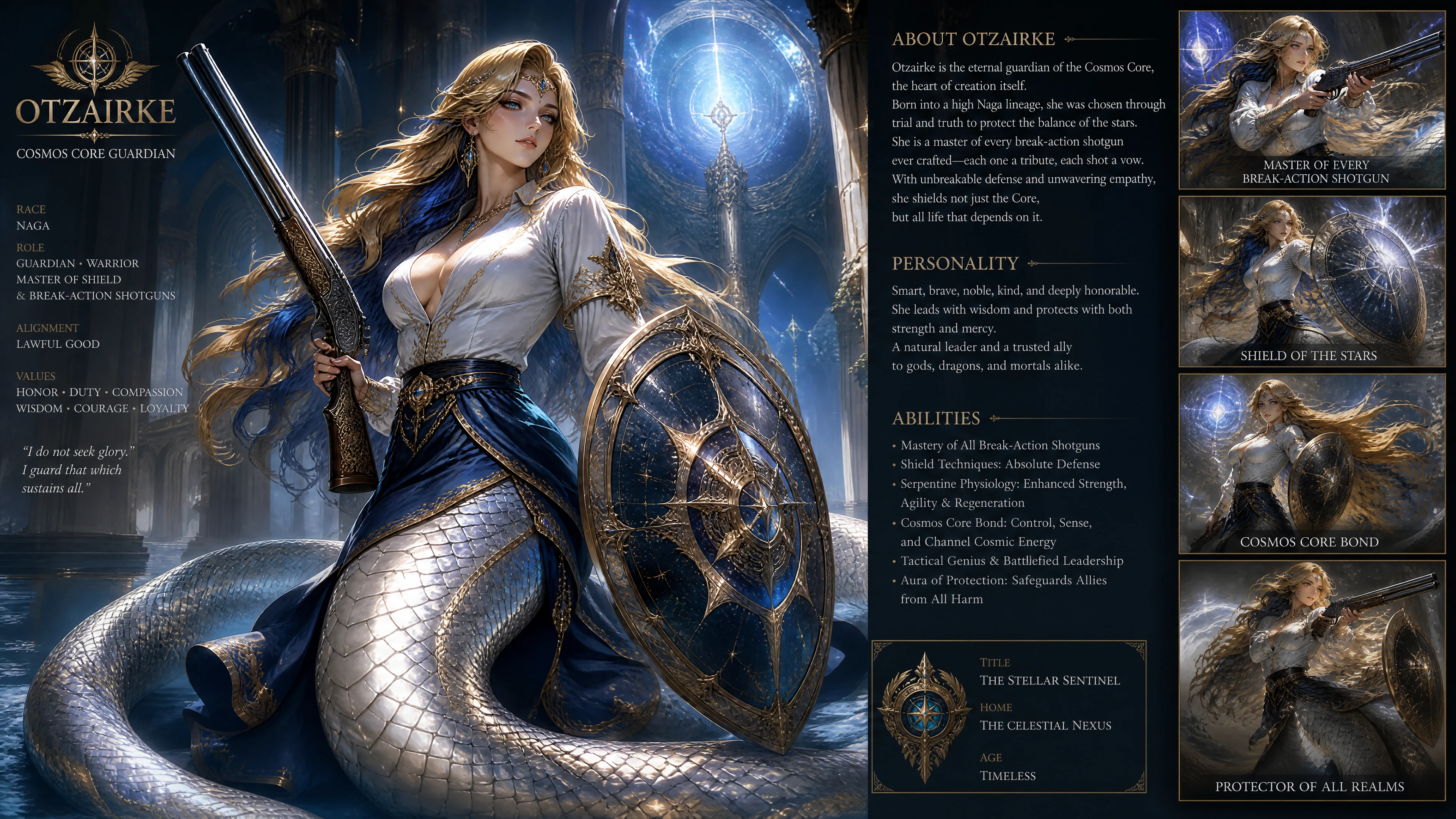 Noble female naga guardian with serpentine body and shotgun
