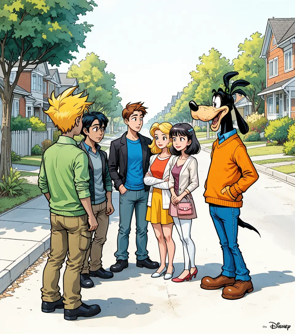 Anthropomorphic cartoon friends talking on a sunny suburban street