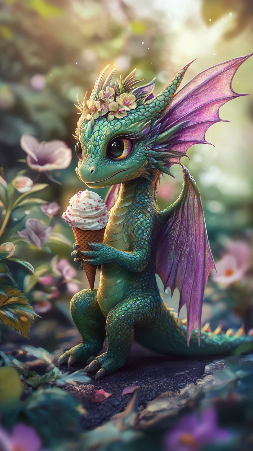 Piccolo drago verde che tiene un gelato dai colori luminosi