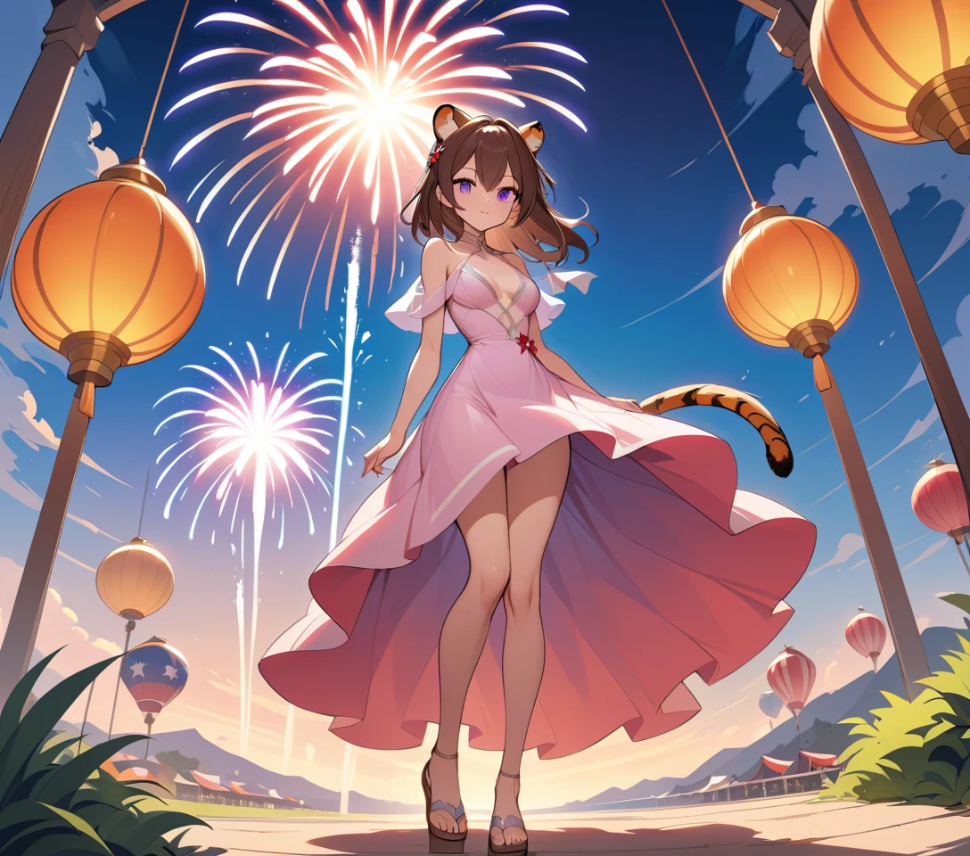 Elegante Tigerfrau mit Ohren in pinkem Kleid unter Feuerwerk