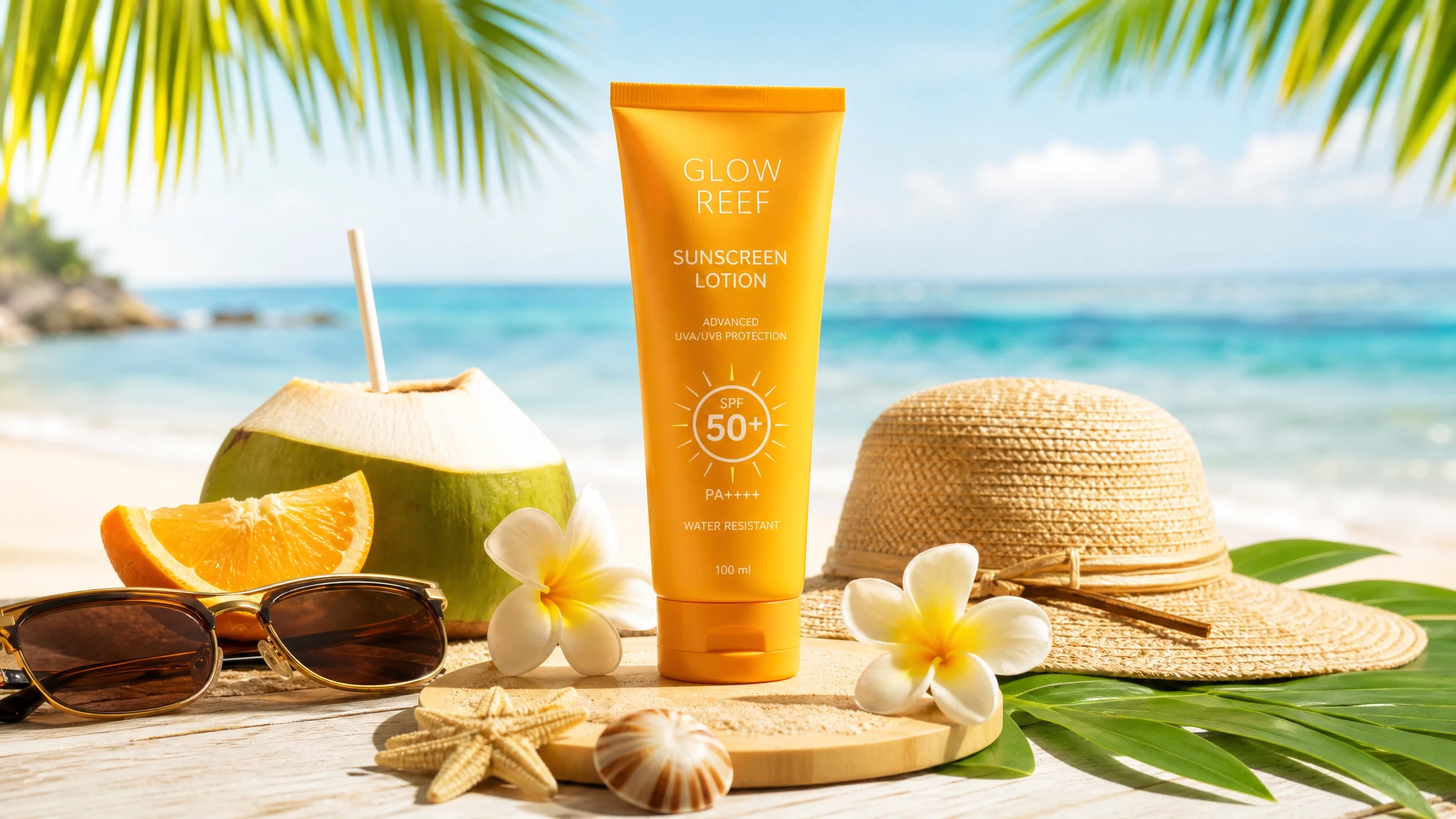 Summer product showcased on a bright sunny beach scene
