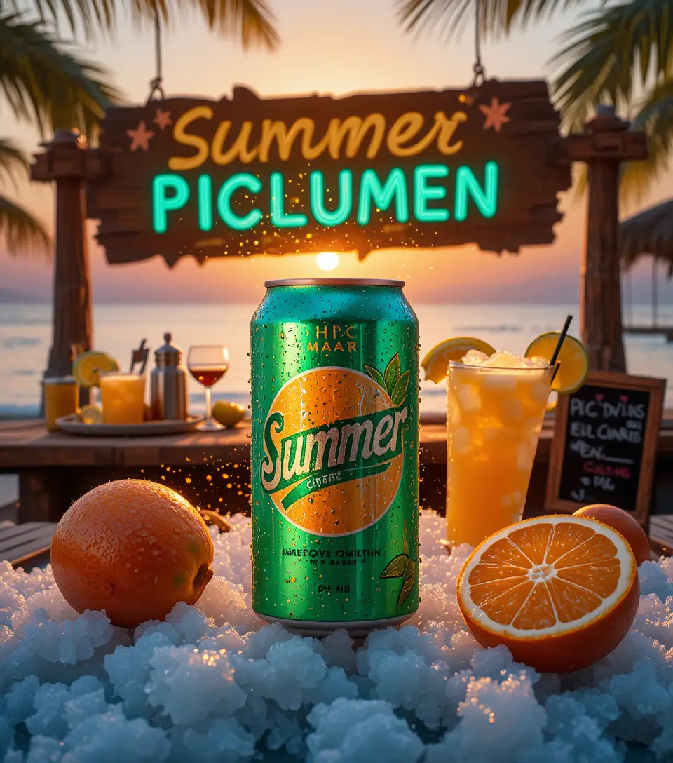 Lata de refresco tropical y cócteles en un bar de playa al atardecer