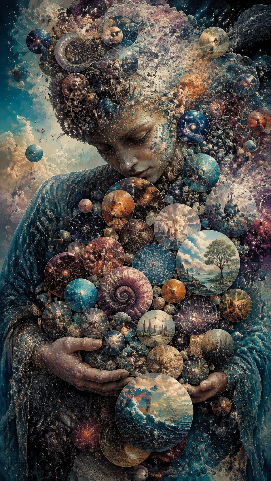 Surreal figure collecting shimmering circular miniature universes