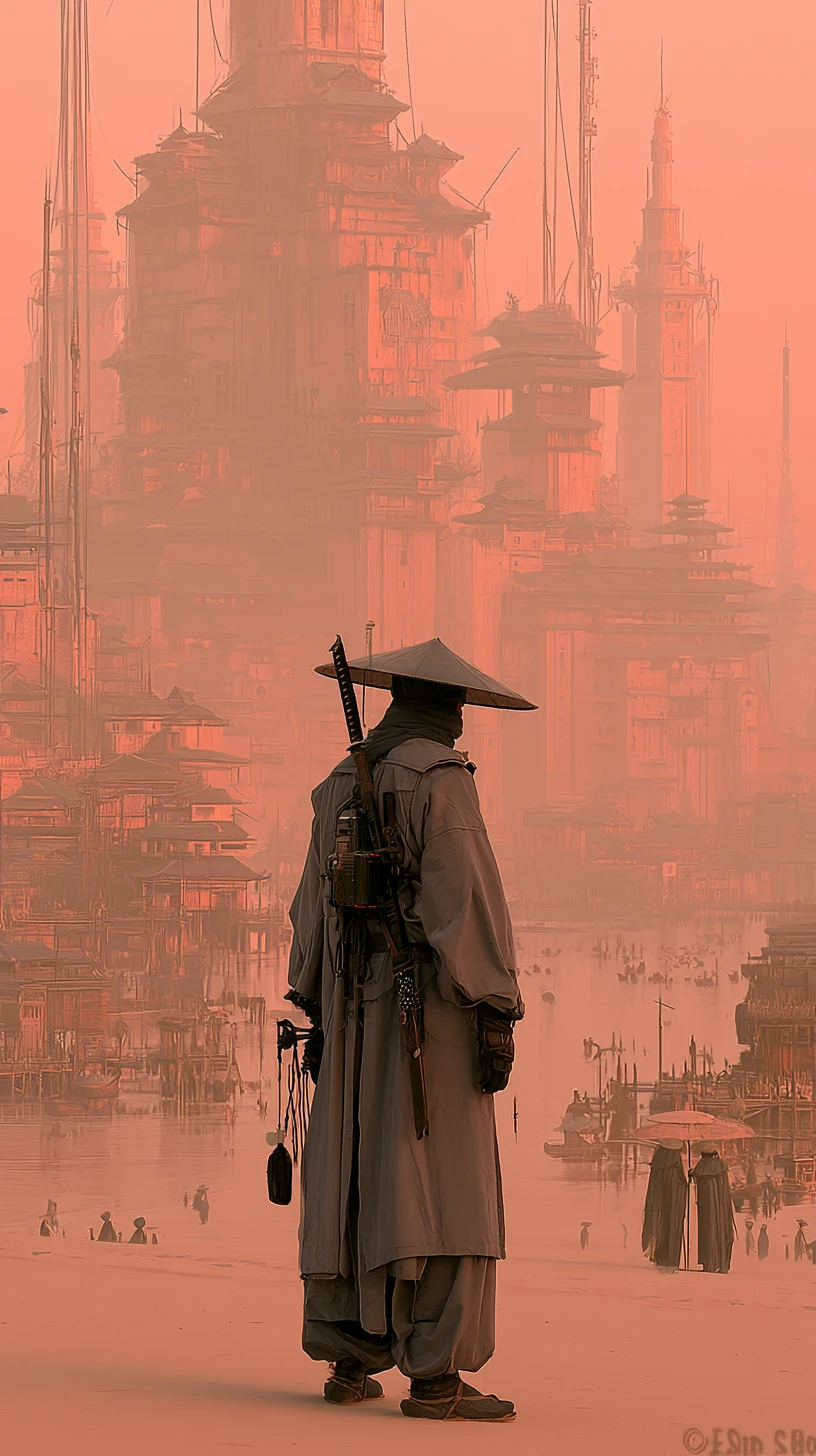 Feudal Japanese ninja standing before a grand castle