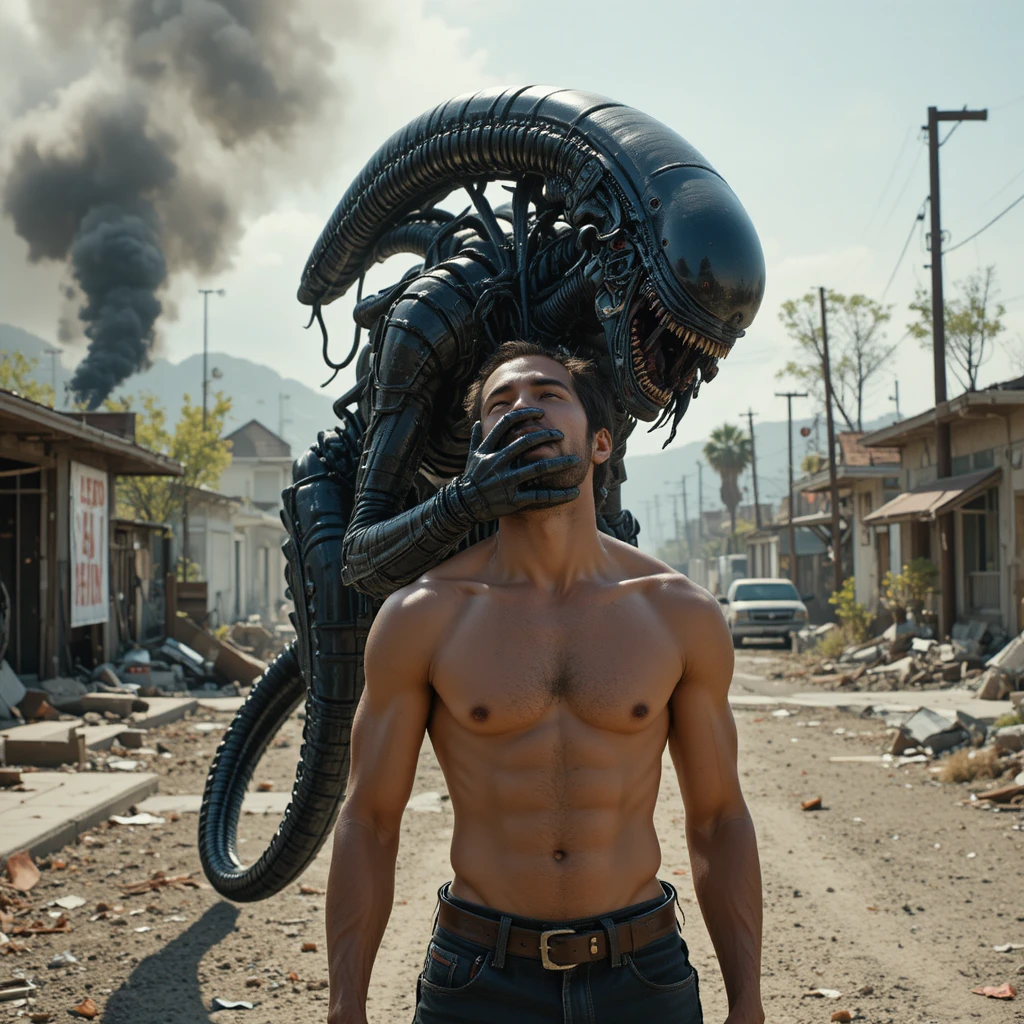 Alien gigante devorando homem em rua destruída da cidade