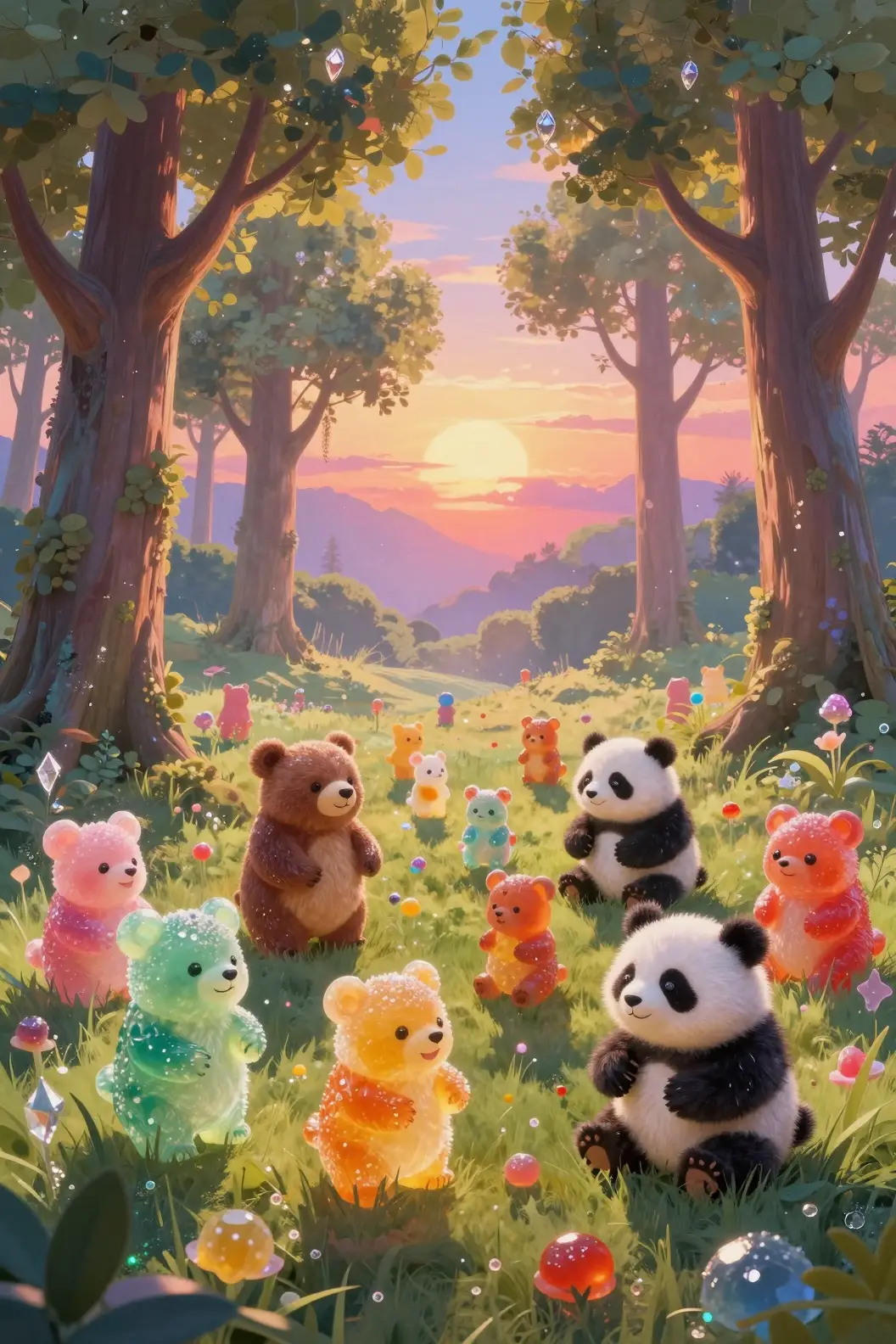 Prairie fantaisiste d’oursons en gélatine dans une forêt de fantaisie colorée
