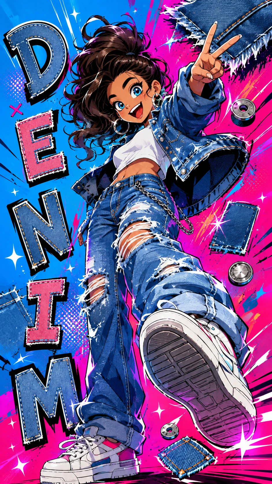 Personagem de desenho animado energético posando com jeans rasgados