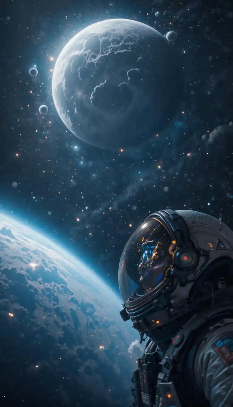 Lone astronaut floating in outer space before a vast moon