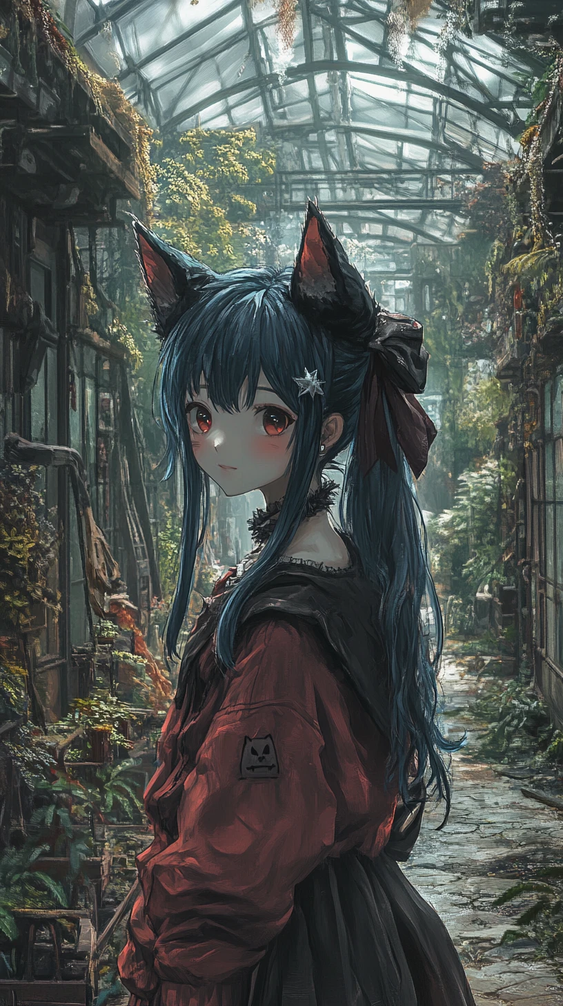 Caminho em estufa de anime ladeado por plantas exóticas exuberantes