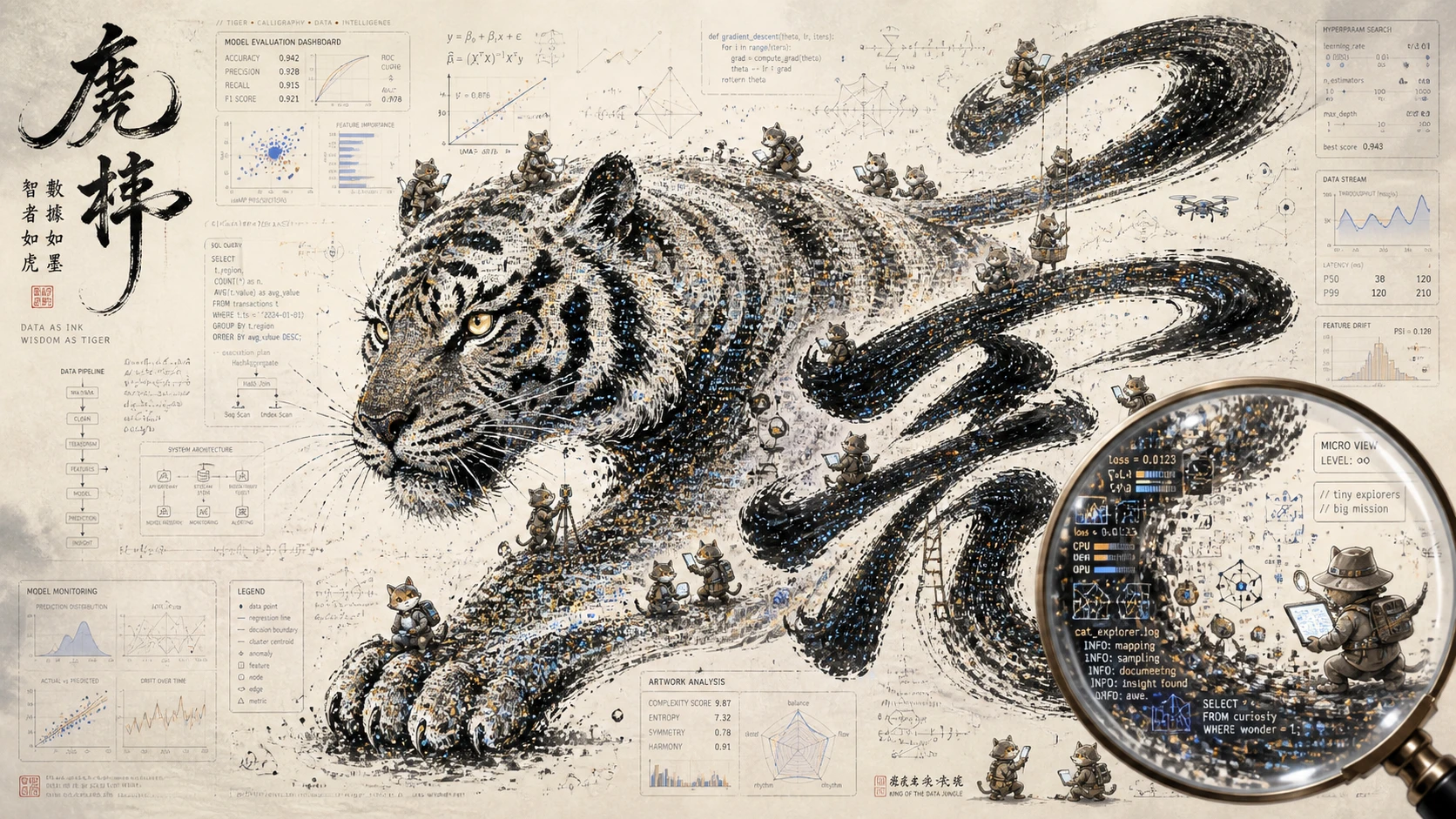 Calligrafia di tigre realizzata con equazioni microscopiche e dati