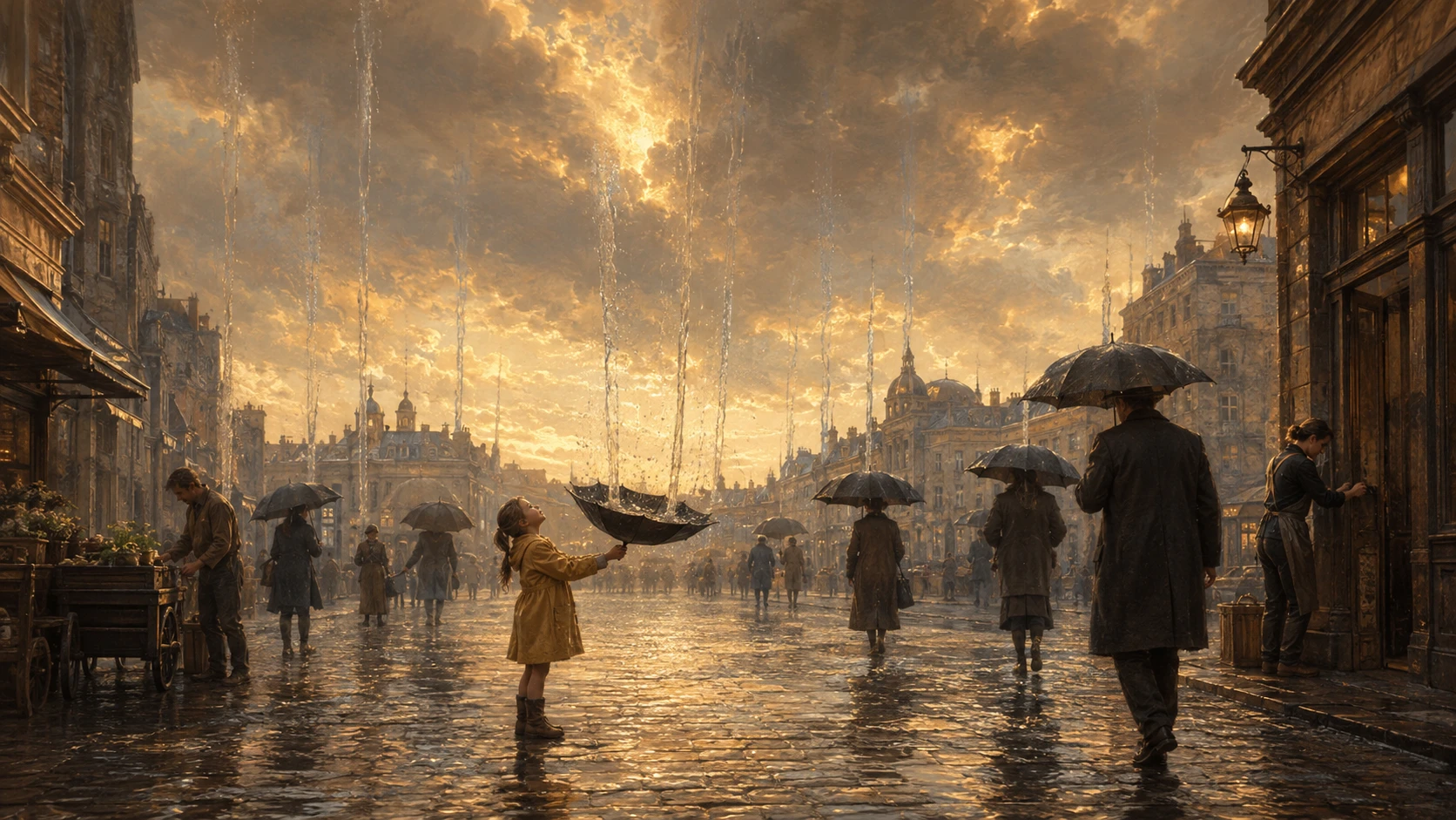Pedestres na cidade antiga sob chuva suave ao entardecer em reverso