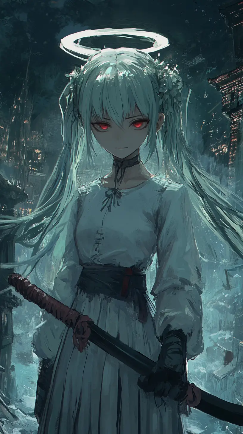 Anime girl with braided white hair in stained outfit