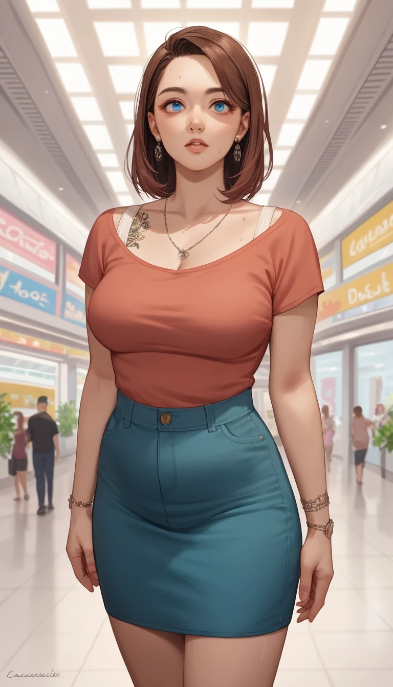 Anime-Hausfrau mit blauen Augen im Einkaufszentrum
