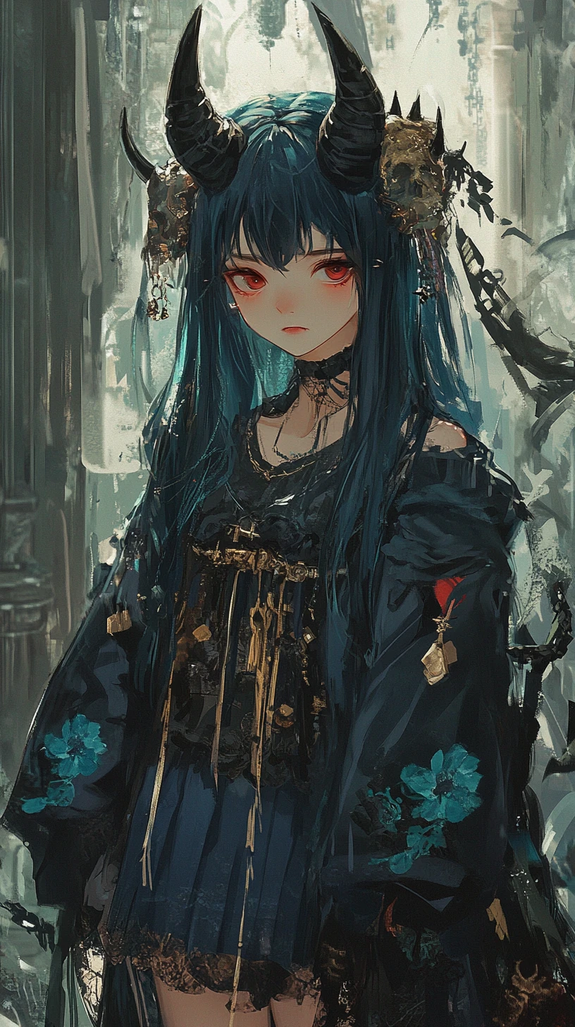 穿著華麗奇幻裝束、長著惡魔角的動漫少女