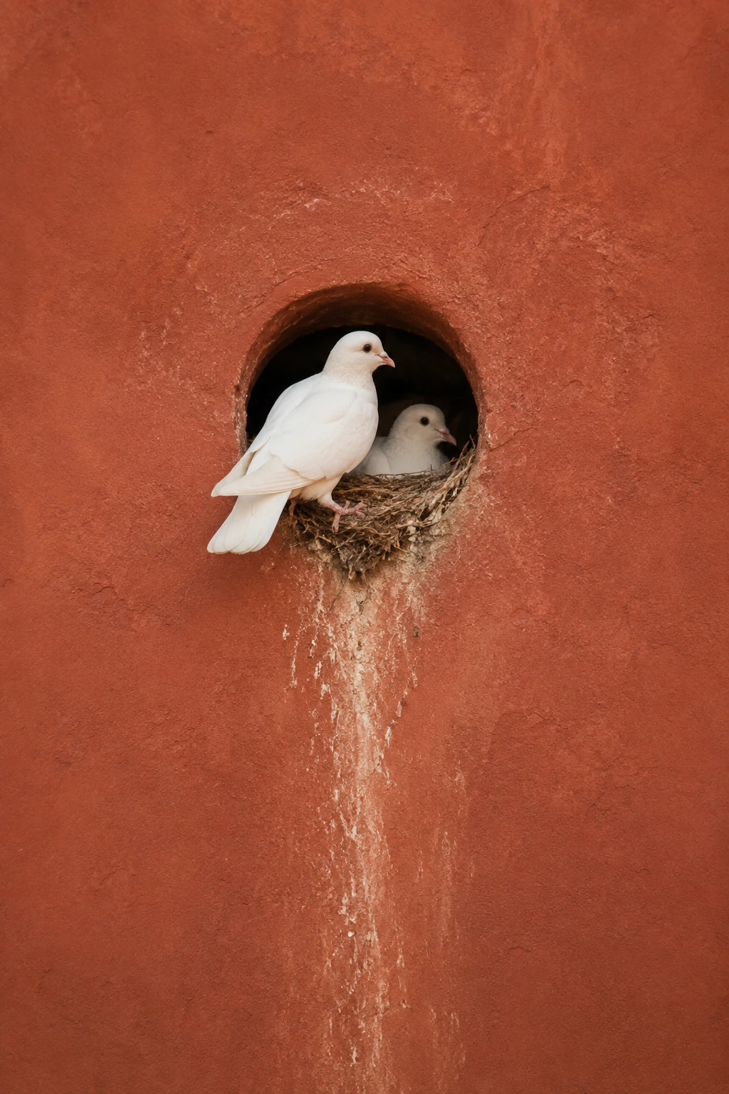 Dos palomas blancas descansando en un nido dentro de un muro rojo