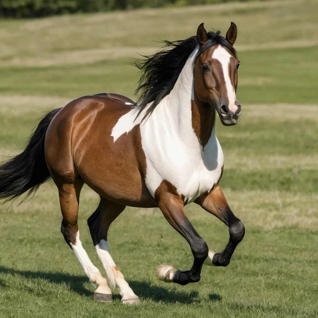 Brown and white horse trotting across a sunny grassy field