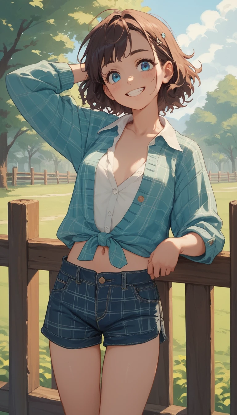 Playful anime girl in vintage outfit by wooden fence