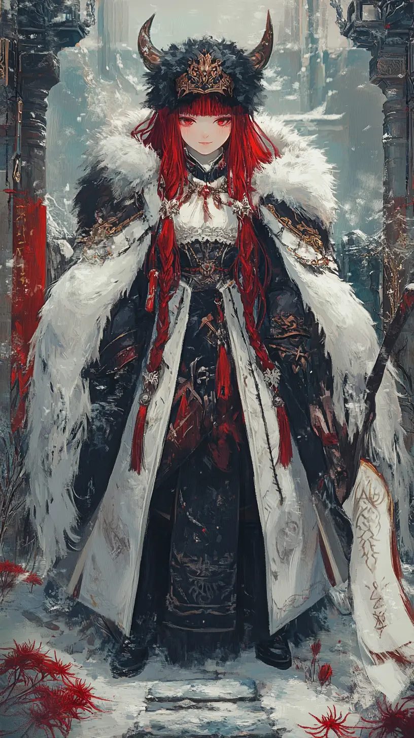 Fille d’anime rousse avec marteau de guerre dans un palais de cristal