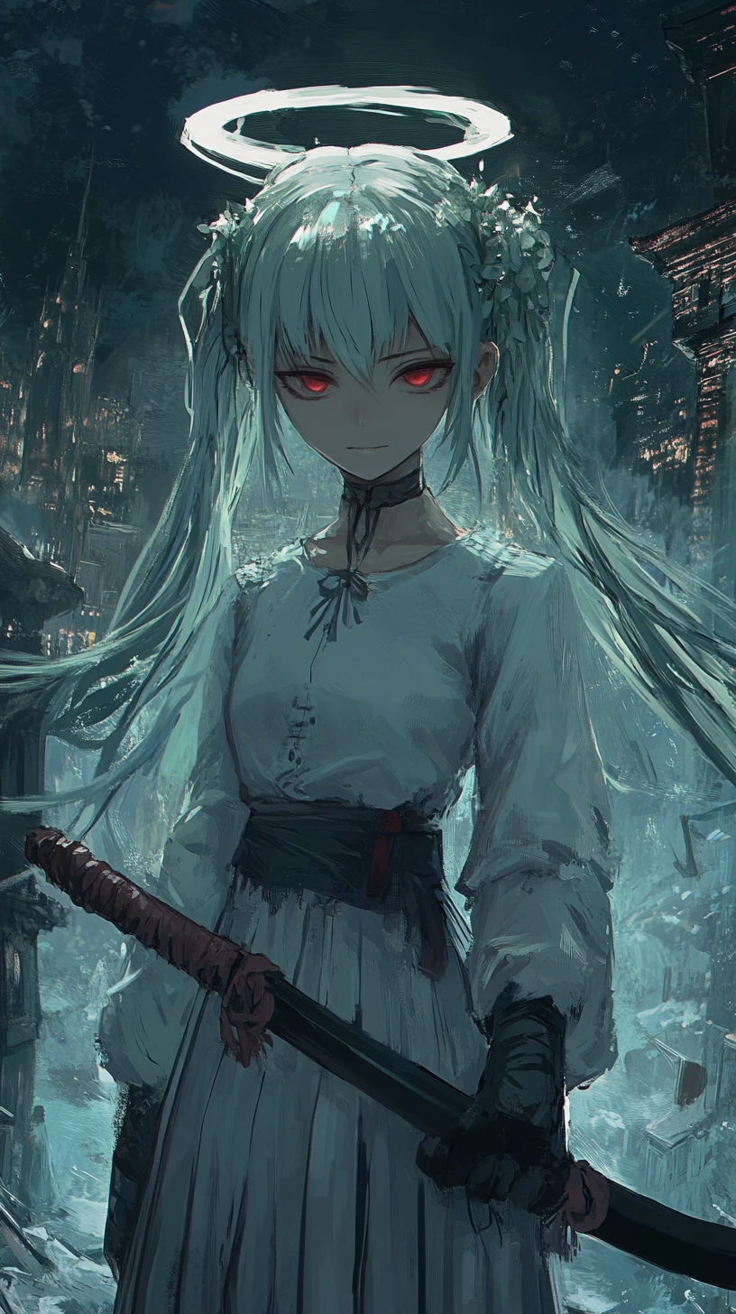 穿著髒污服裝的白色辮子髮動畫少女