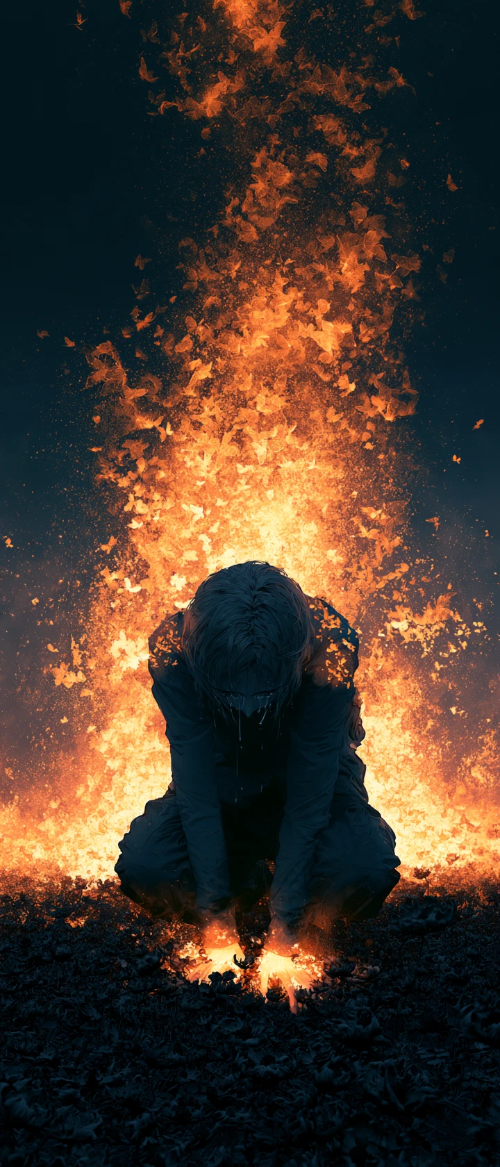 Anime girl summoning glowing butterflies in burnt flower field