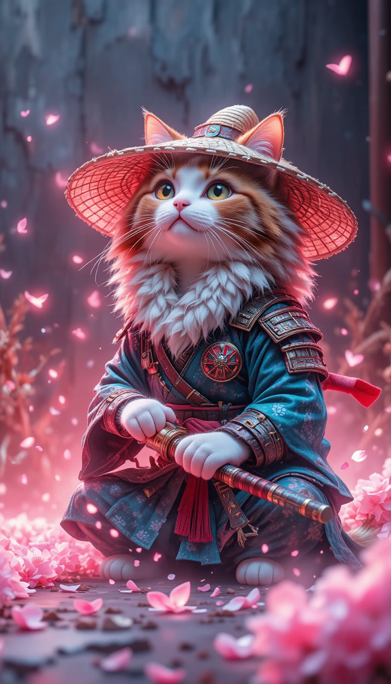 Gatto samurai ronin in armatura con katana