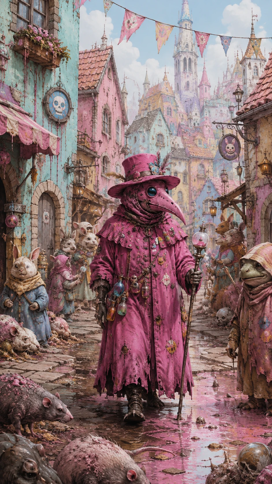Cidade medieval surreal em tons pastel com criatura vívida de máscara da peste
