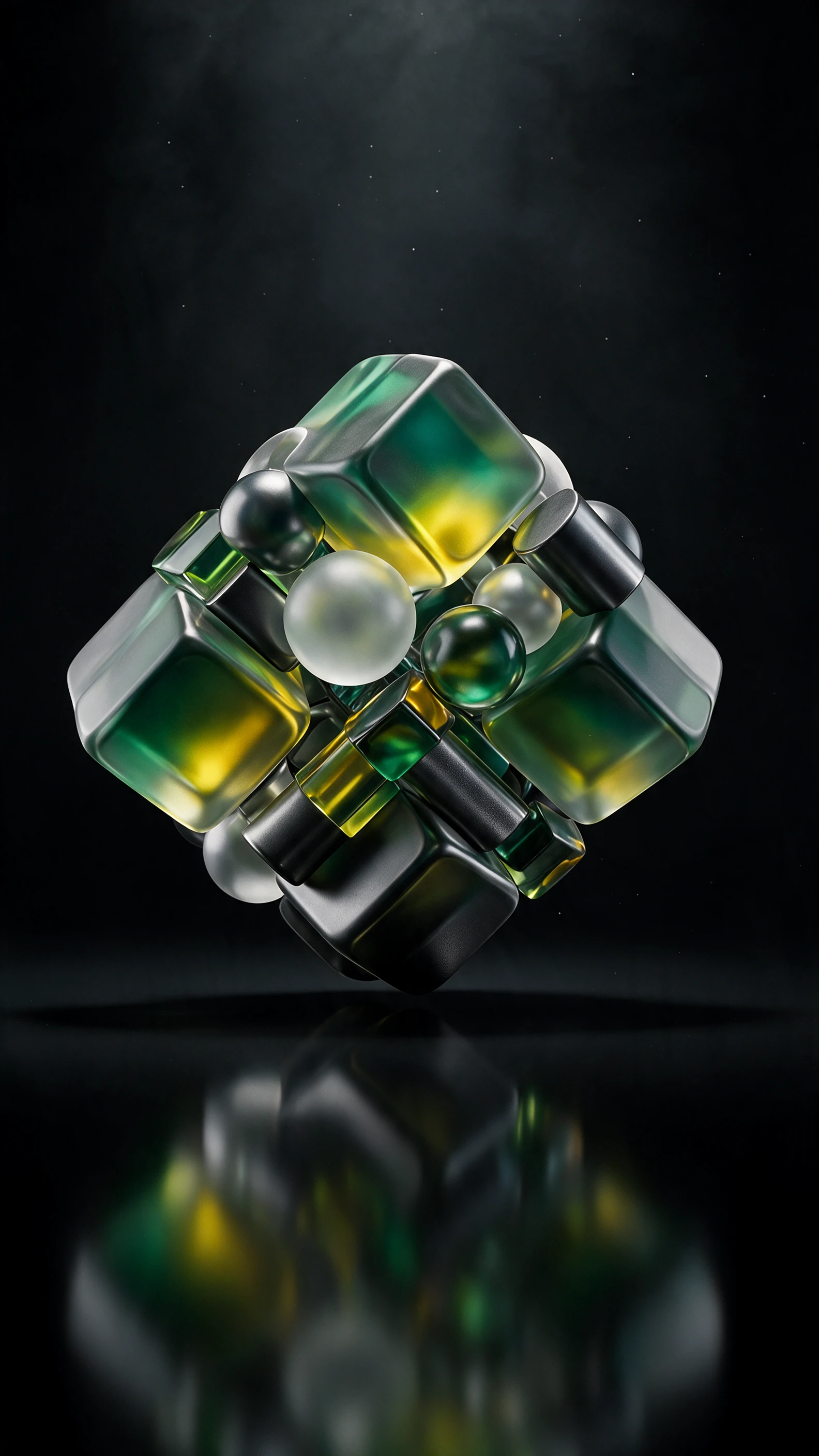Scultura geometrica 3D astratta con accenti in grafite e lime